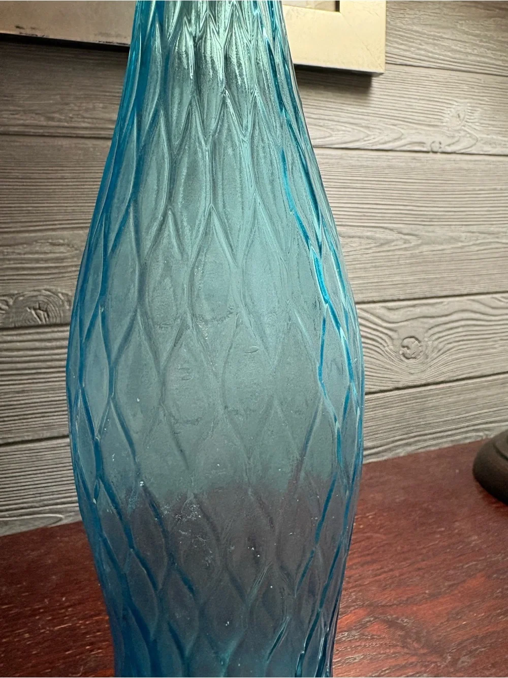 Vintage Blue Glass Decanter 100% recycled glass with a textured diamond pattern.